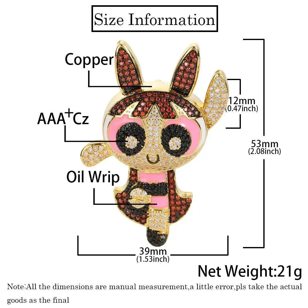Powerpuff Girls Cartoon Pendant Necklace with Copper Frame and Zircon Stones for Men | Caratix Jewelry - CaratixJewelry