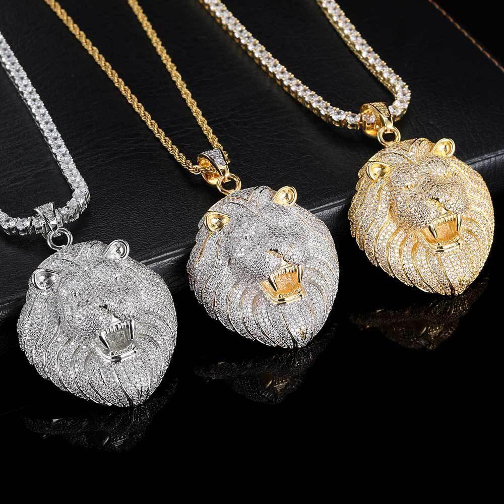 Custom Full Lion Head Pendant Necklace with Zircon Stones and Gold Plating for Men | Caratix Jewelry - CaratixJewelry