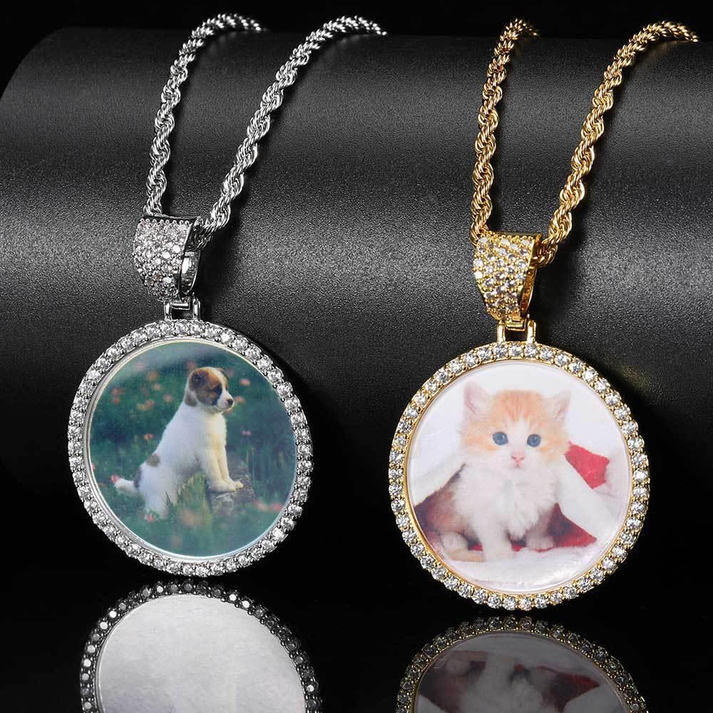 Custom Small Round Photo Pendant Necklace with Zircon Stones for Men | Caratix Jewelr - CaratixJewelry