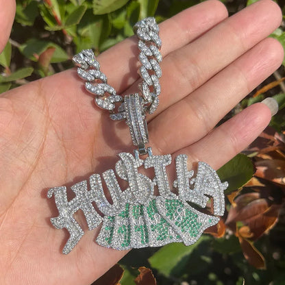 Iced Out "Hustle" Dollar Sign Pendant | Men's Real Copper CZ Necklace - CaratixJewelry