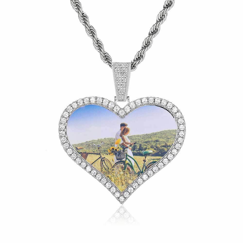 Large Heart Photo Frame Pendant Necklace with DIY Zircon Stones for Men | Caratix Jewelry - CaratixJewelry