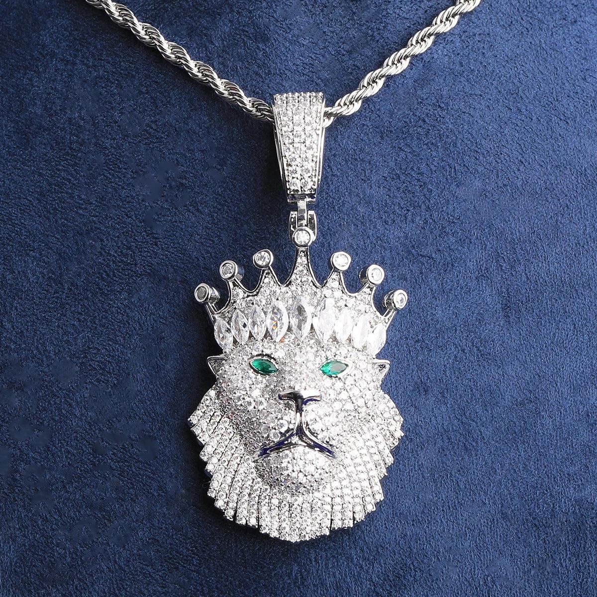 Iced Out Crowned Lion Head Pendant | Men's Real Copper CZ "King" Necklace - CaratixJewelry