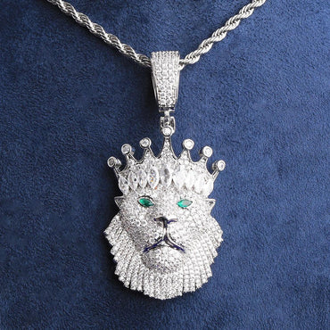Iced Out Crowned Lion Head Pendant | Men's Real Copper CZ "King" Necklace - CaratixJewelry