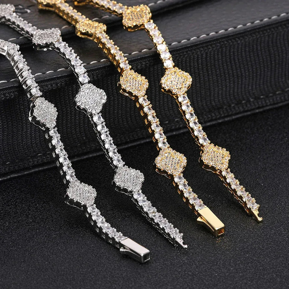 Men's Spring-Clasp Clover Tennis Chain | 5A Zircon Iced Out Necklace | Premium Gold Chain Rapper Style | Caratix - CaratixJewelry