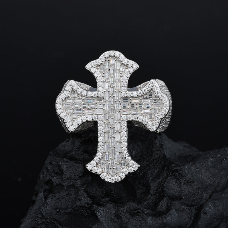 Baguette Moissanite Cross Ring S925 Hip Hop Band | Caratix