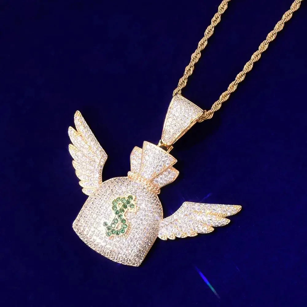 Iced Out Winged Money Bag Pendant | "Flying Cash" Men's Hip Hop Necklace | Premium Copper CZ Dollar Sign Jewelry | Bag Chaser Bling | Caratix - CaratixJewelry
