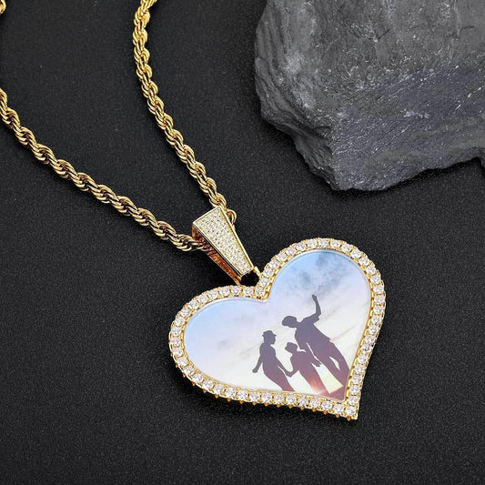Large Heart Photo Frame Pendant Necklace with DIY Zircon Stones for Men | Caratix Jewelry - CaratixJewelry