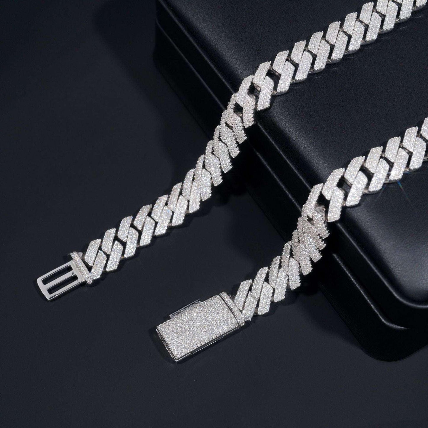 14mm Triple-Row Moissanite Cuban Link Necklace | S925 Silver Iced Out Chain - CaratixJewelry