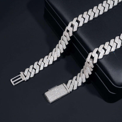 14mm Triple-Row Moissanite Cuban Link Necklace | S925 Silver Iced Out Chain - CaratixJewelry