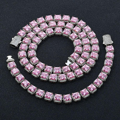 Custom 10mm Pink Baguette Sugar Link Necklace Hip Hop Bling | Caratix - CaratixJewelry