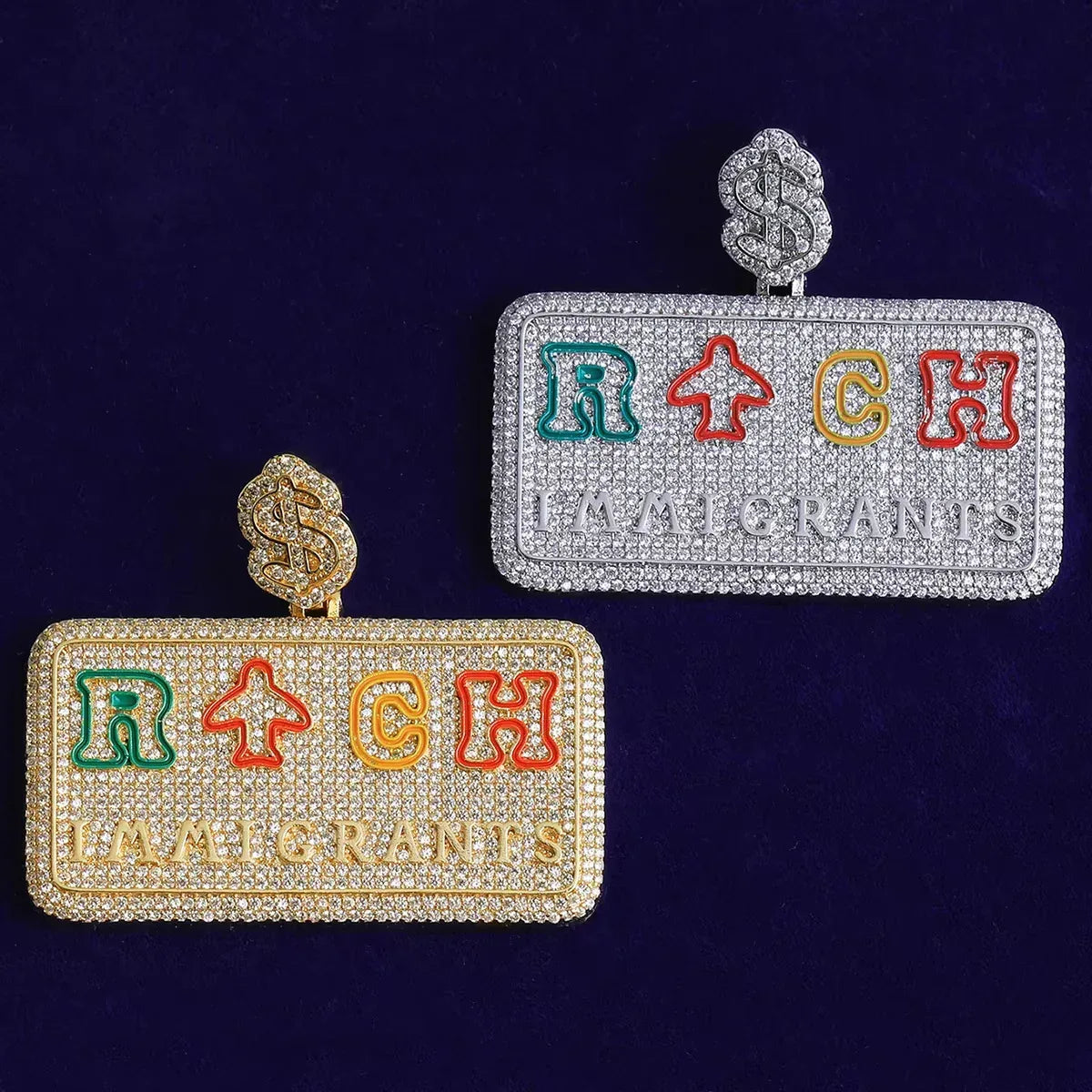 Iced Out Dollar Buckle "RICH" Square Pendant | Men's Wealth Medallion - CaratixJewelry