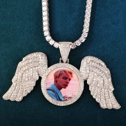 Wing Photo Pendant Necklace | Iced Out CZ Custom Picture DIY Couple Jewelry - CaratixJewelry