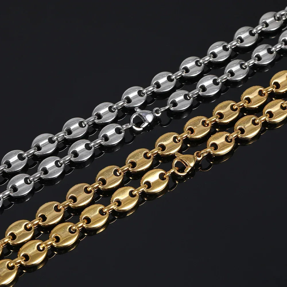 8mm Coffee Bean Necklace with Lobster Clasp Stainless Steel Pig Nose Chain for Men | Caratix Jewelry - CaratixJewelry