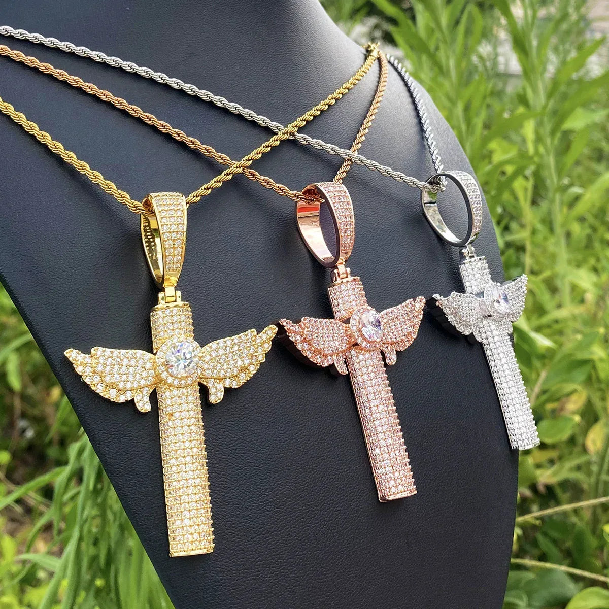 Iced Out Micro Winged Cross Pendant | Unisex Minimalist "Mini" Necklace - CaratixJewelry