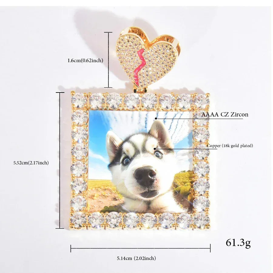Dog Tag Photo Pendant with Heart Clasp | CZ Iced Out Custom Picture Hip Hop Necklace - CaratixJewelry