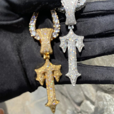 Iced Out Sword Cross Pendant | Men's T-Shape Dagger Necklace | Premium Copper CZ Weapon Jewelry | Holy Warrior Bling | Caratix - CaratixJewelry