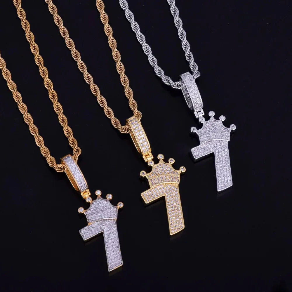 Luxury Iced Out Crown Number 7 Pendant | Lucky 7 Men's Hip Hop Necklace | Premium Copper CZ King Jewelry | CR7 Style Bling | Caratix - CaratixJewelry