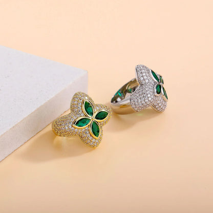 Men's Iced Out Four-Leaf Clover Ring | Flower Motif Hip Hop Band | Caratix