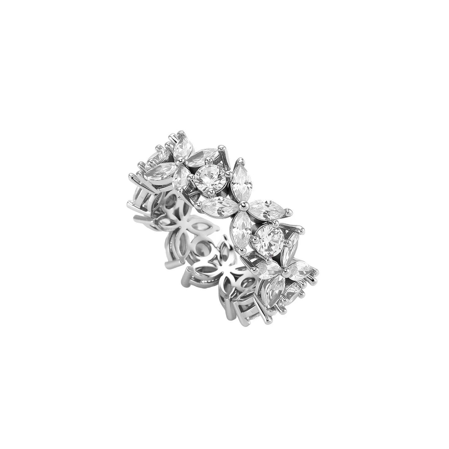 Women's Four-Leaf Clover Ring | Delicate Flower Motif Pave Band | Caratix