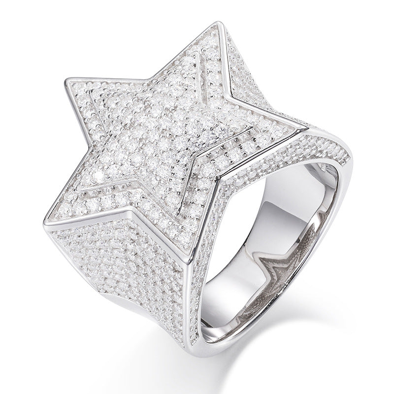 Unisex S925 Sterling Silver Moissanite Star Ring – Iced-Out Hip-Hop Statement Band