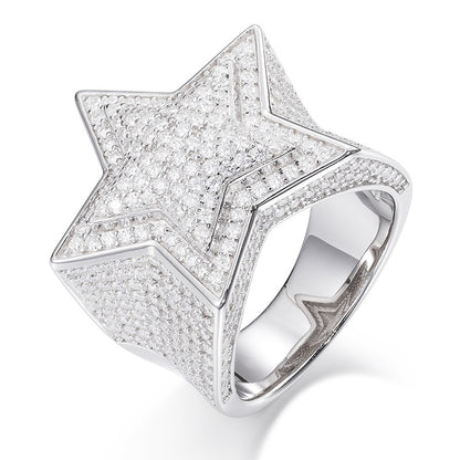 Unisex S925 Sterling Silver Moissanite Star Ring – Iced-Out Hip-Hop Statement Band