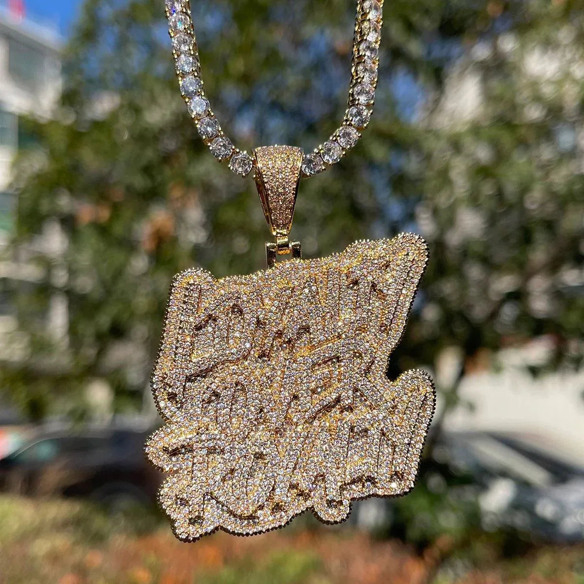 Loyalty over Royalty Iced Out Pendant for Men & Women | Hip Hop Script Lettering Necklace | Premium Copper CZ Jewelry | Unisex Bling | Caratix - CaratixJewelry