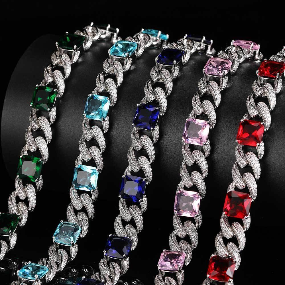 12mm Colorful Stone Cuban Chain Micro Pave Zircon Hip Hop Necklace - CaratixJewelry
