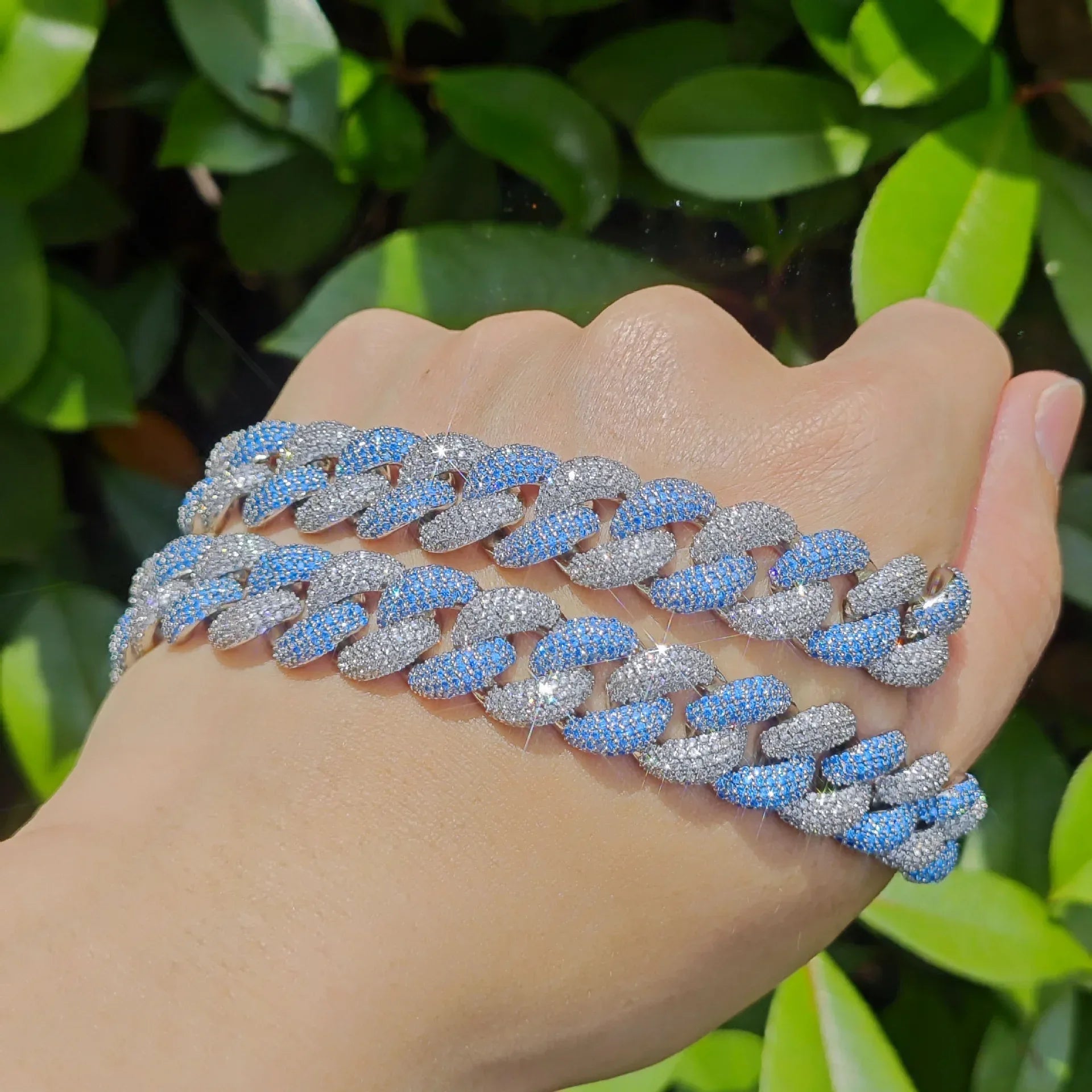 14mm Silver Blue Bubble Cuban Chain Necklace - CaratixJewelry