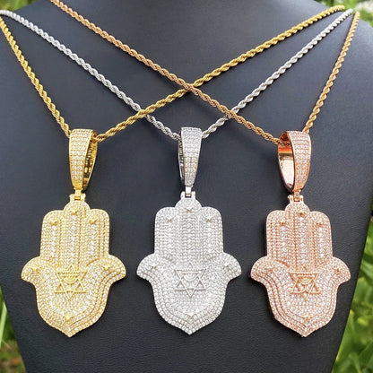 Iced Out Hand & Star Pendant | Unisex Real Copper CZ "Lucky Charm" Necklace - CaratixJewelry
