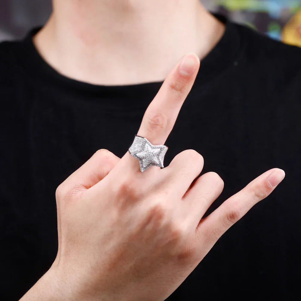 Men's Iced Out 3D Star Ring | Hip Hop Pentagram Signet Band | Caratix