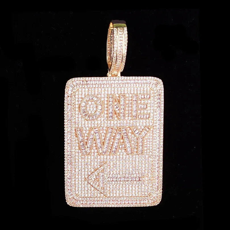 Iced Out "ONE WAY" Rectangular Pendant | Men's Real Copper CZ Plaque Necklace - CaratixJewelry