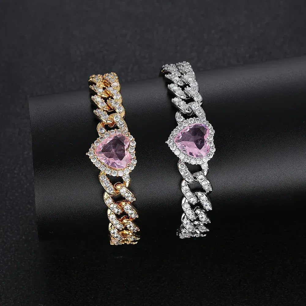 10mm Pink Zircon Heart Cuban Link Bracelet - CaratixJewelry