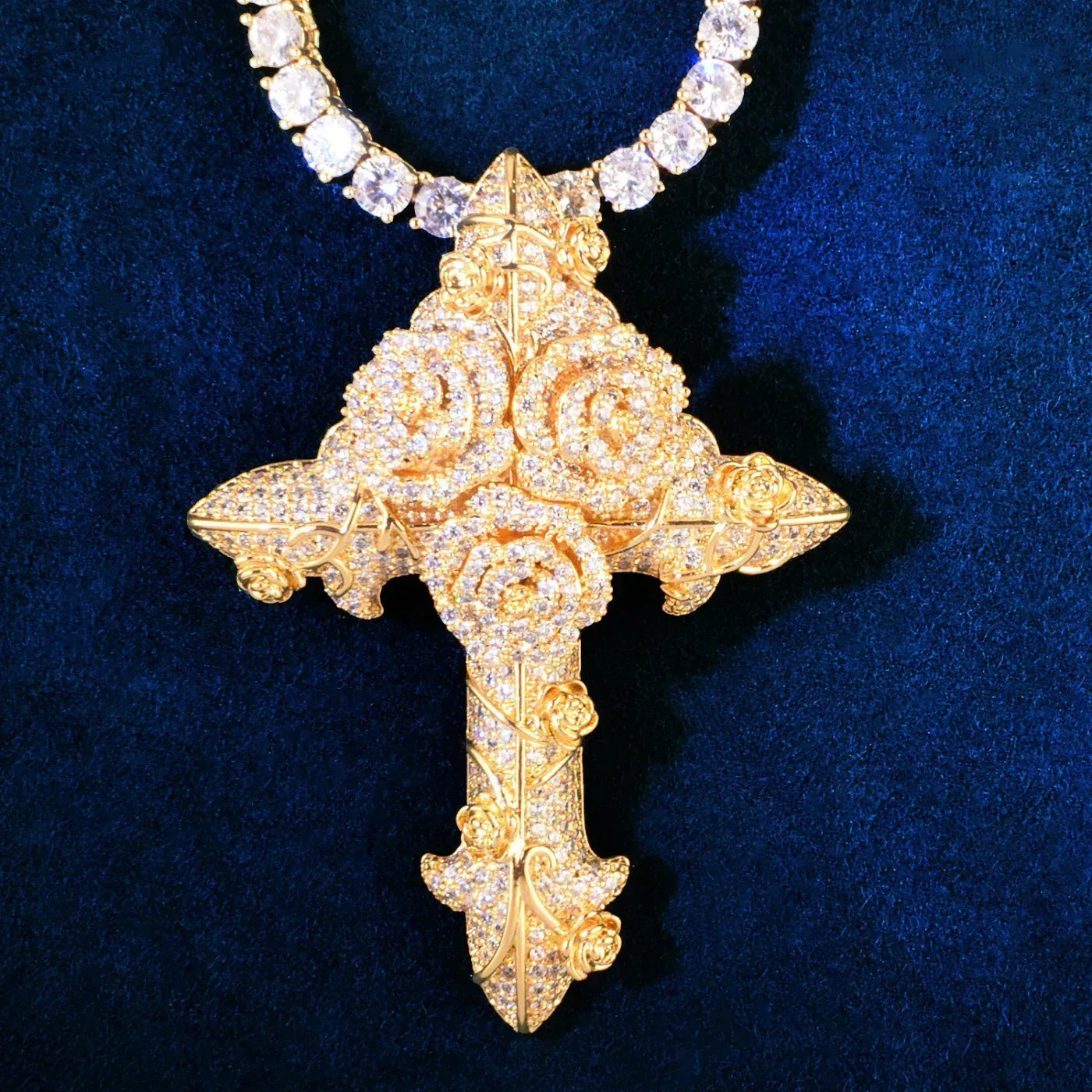 Iced Out Rose Cross Pendant Rope Chain Necklace - CaratixJewelry