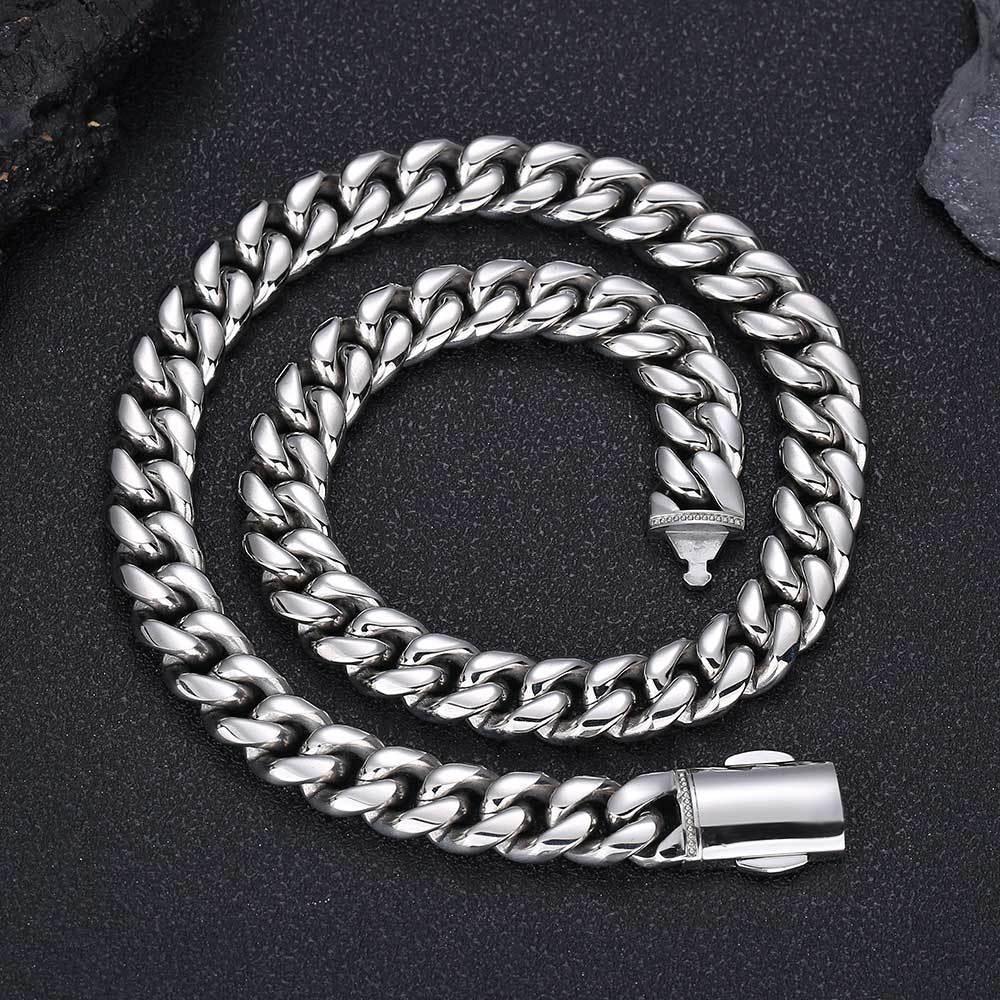 12mm Cuban Chain Necklace with 18K Gold Plating and Spring Clasp for Men | Polished Stainless Steel | Caratix Jewelry - CaratixJewelry