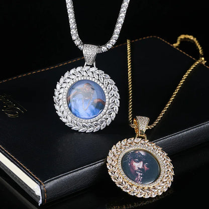 Custom Wheat Ear Round Photo Frame Pendant Necklace with Zircon Stones for Men | Caratix Jewelry - CaratixJewelry