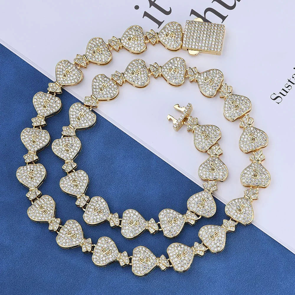 15mm Money Bag Zircon Cuban Chain Necklace - CaratixJewelry