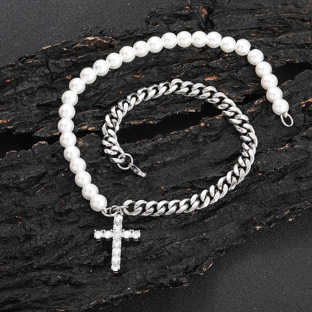 8mm Stainless Steel Cuban Chain Pearl Cross Necklace for Men | Caratix Jewelry - CaratixJewelry