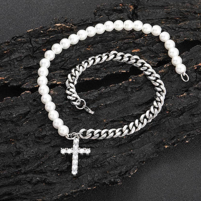 8mm Stainless Steel Cuban Chain Pearl Cross Necklace for Men | Caratix Jewelry - CaratixJewelry