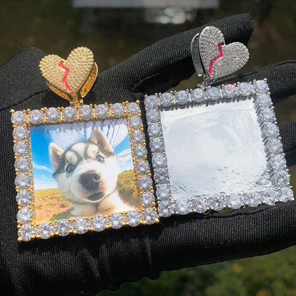 Dog Tag Photo Pendant with Heart Clasp | CZ Iced Out Custom Picture Hip Hop Necklace - CaratixJewelry