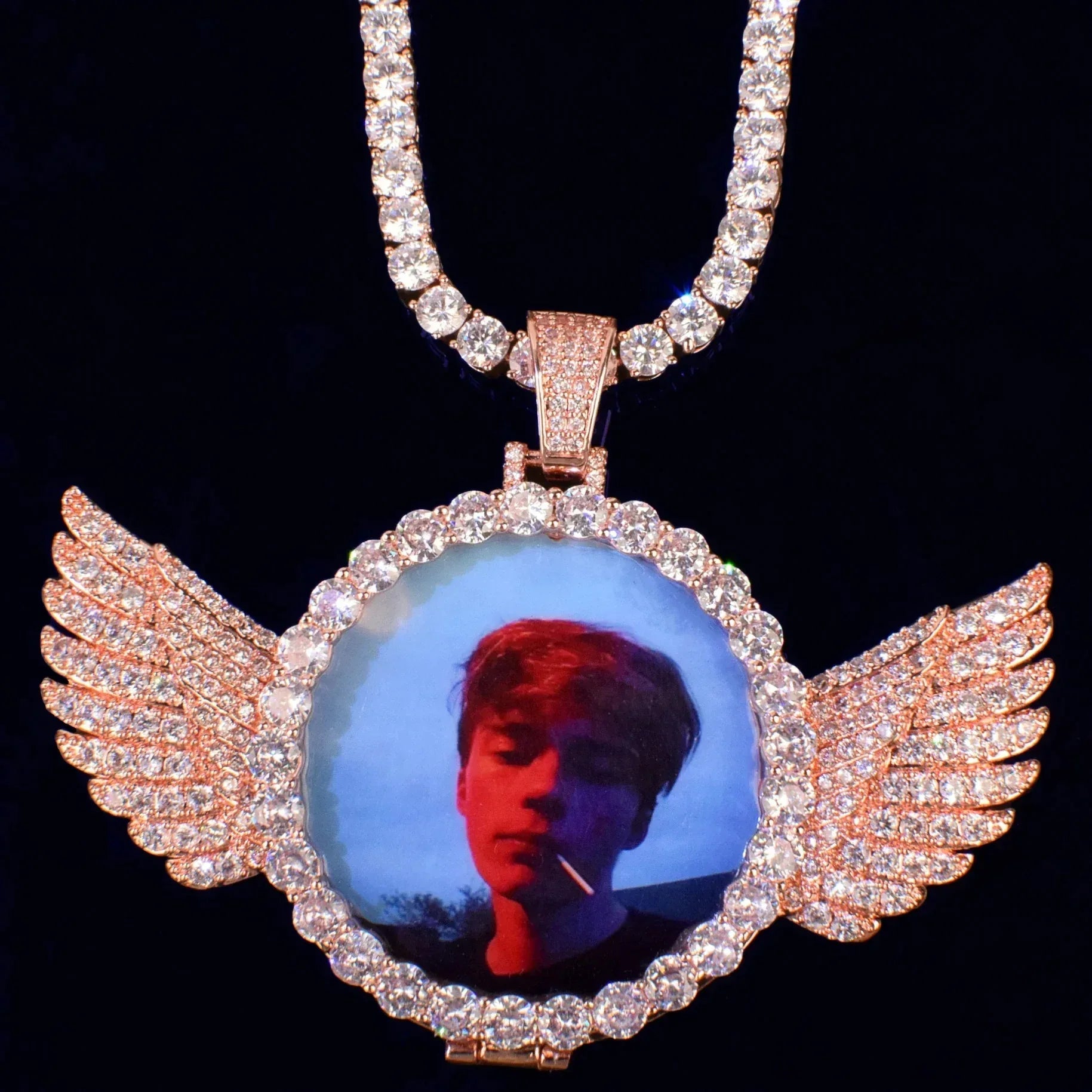 Wing Flip-Open Photo Pendant | CZ Iced Out DIY Custom Picture Hip Hop Necklace - CaratixJewelry