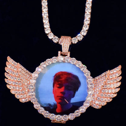 Wing Flip-Open Photo Pendant | CZ Iced Out DIY Custom Picture Hip Hop Necklace - CaratixJewelry