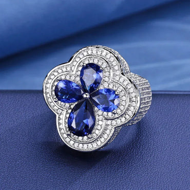 Blue Flower S925 Silver Moissanite Ring Rapper Iced Out Style | Caratix Jewelry - CaratixJewelry