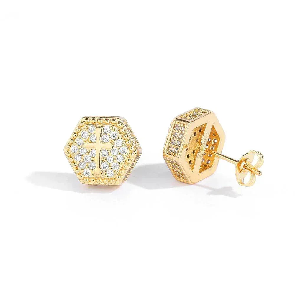 Hexagonal Cross Zircon Stud Earrings for Men and Women | Iced Out Hip Hop Jewelry | Caratix Jewelry - CaratixJewelry