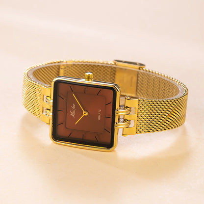 Classic Square Gold Watch Stainless Steel Mesh Band | Caratix