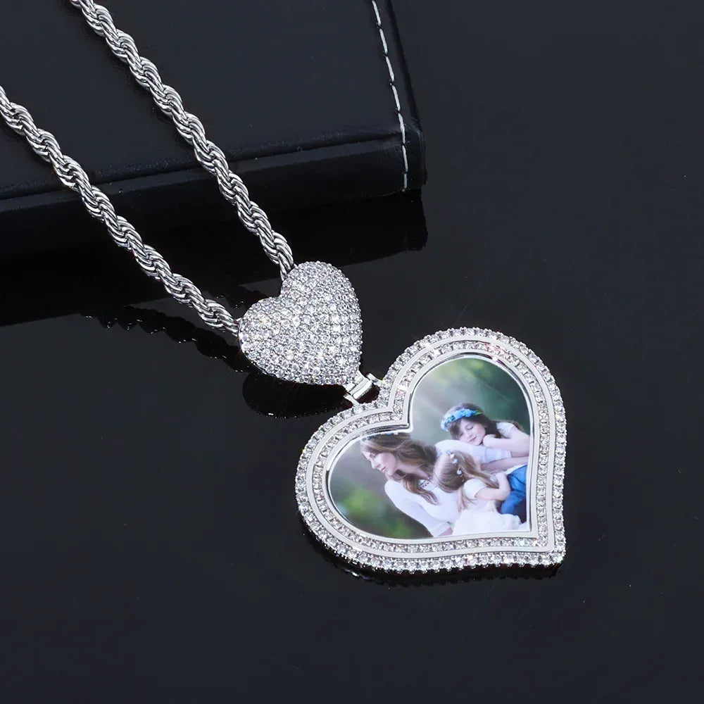 Custom Heart Photo Pendant Necklace with Zircon Stones for Men | Caratix Jewelry - CaratixJewelry