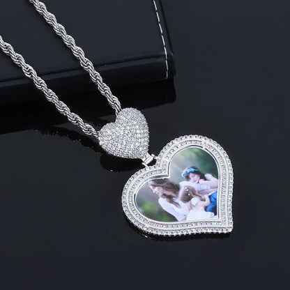 Custom Heart Photo Pendant Necklace with Zircon Stones for Men | Caratix Jewelry - CaratixJewelry