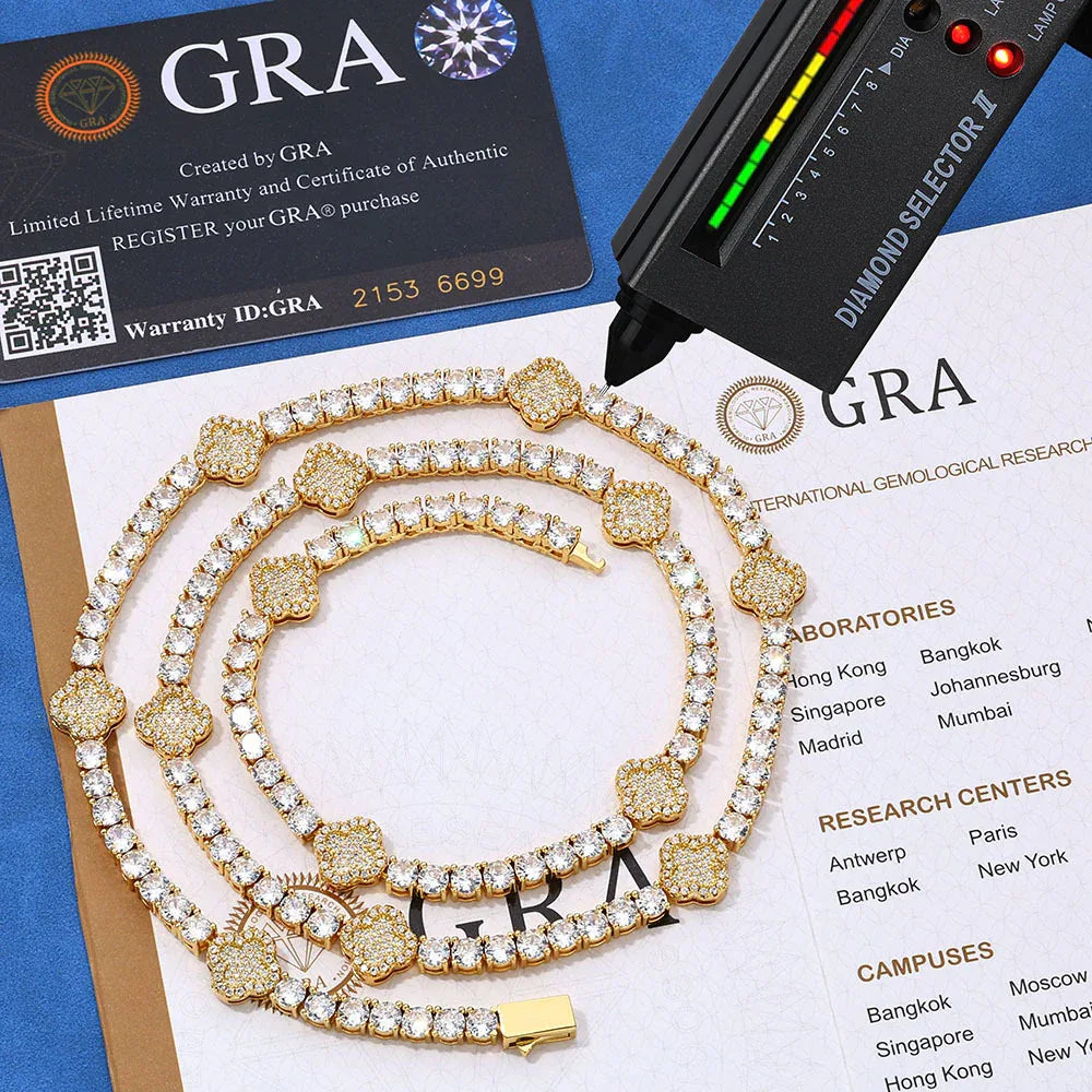 S925 Sterling Silver Moissanite Clover Tennis Chain | VVS Moissanite Necklace | Tester Passed Hip Hop Jewelry | Caratix - CaratixJewelry