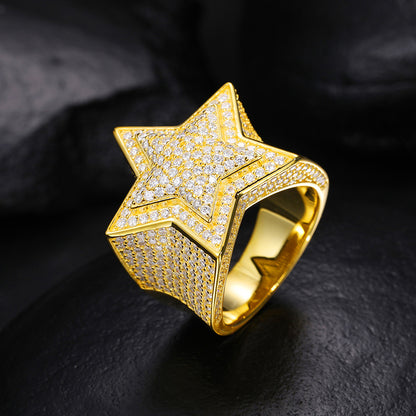 Unisex S925 Sterling Silver Moissanite Star Ring – Iced-Out Hip-Hop Statement Band