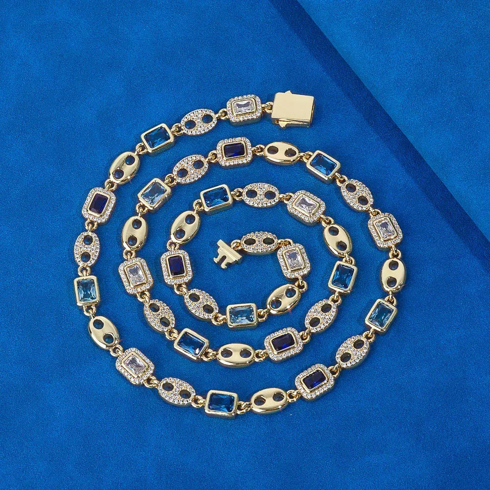 Custom 10mm Blue Gemstone Coffee Bean Chain | Minimalist Iced Out Jewelry | Caratix - CaratixJewelry