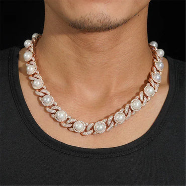 15mm Pearl Moissanite Cuban Link Necklace | S925 Silver Men’s Hip Hop Chain - CaratixJewelry